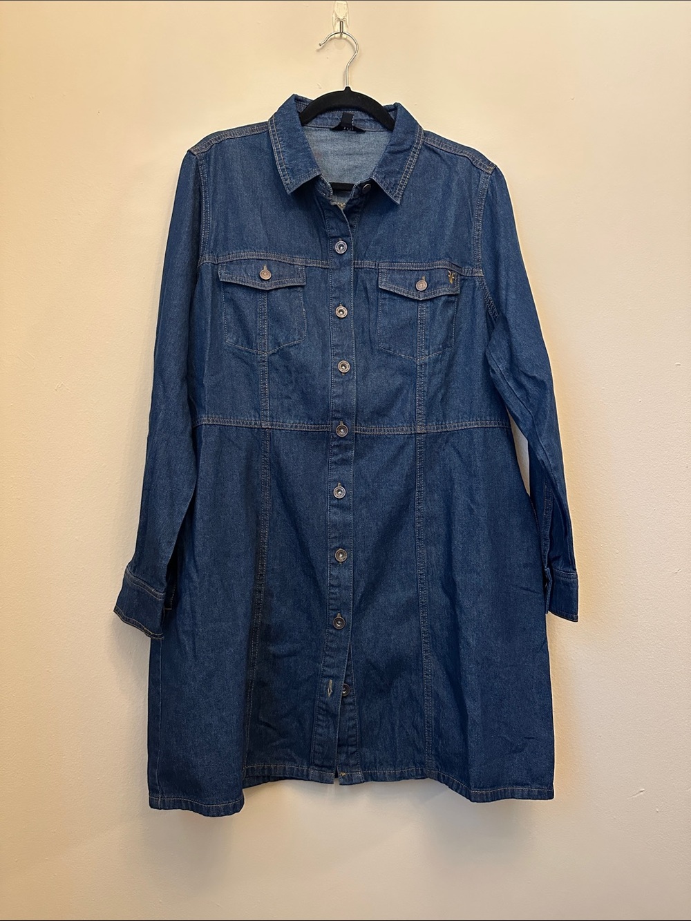 Frye Dark Blue Button-Front Denim Dress Long Sleeve Collared Sz XL
